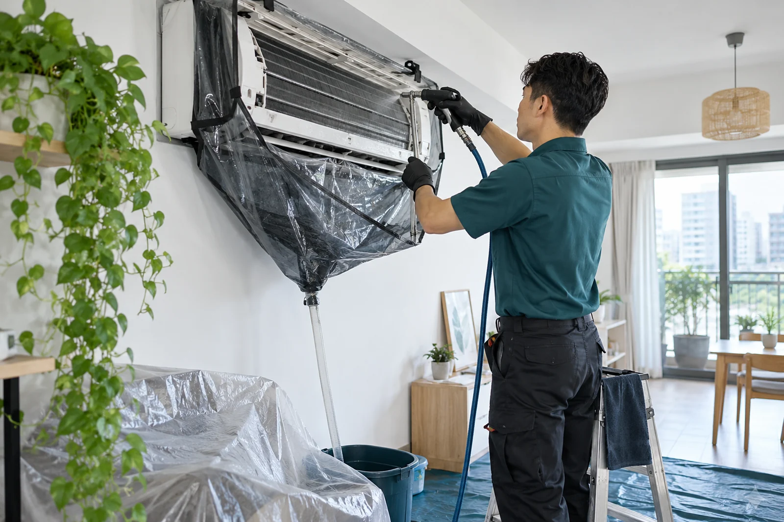 冷氣清洗作業與防水集水袋示意